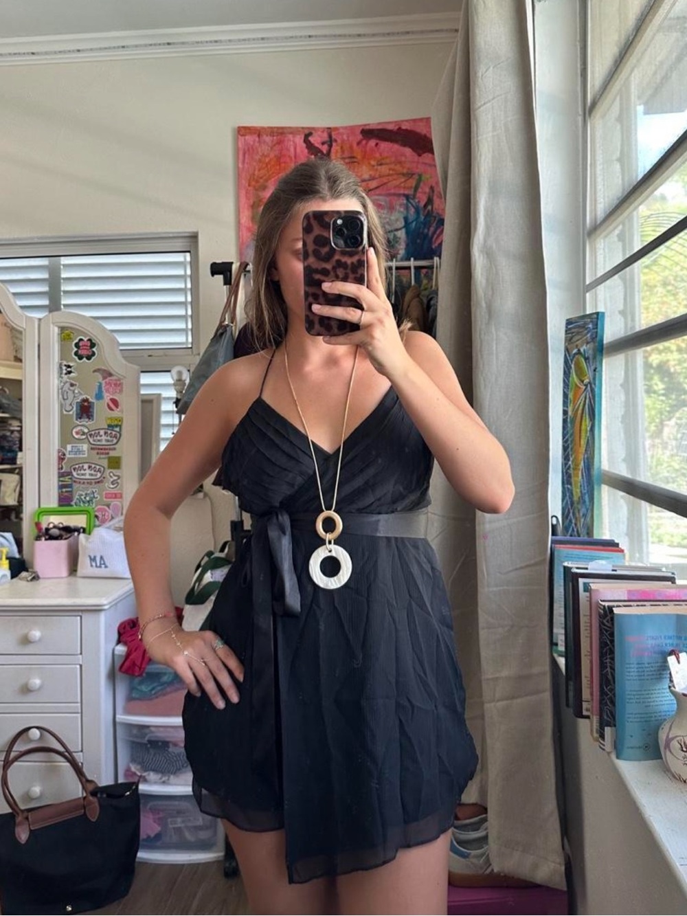 Banana Republic Black V-Neck Spaghetti Strap Mini Dress with Waist Sash